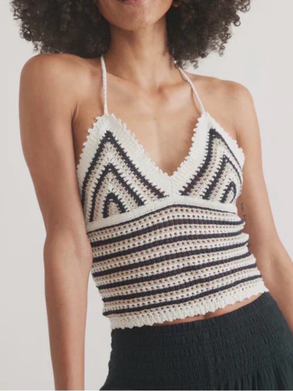 Marine Layer Mia Crochet Halter Top Cream Black Cotton Linen Blend S Festival